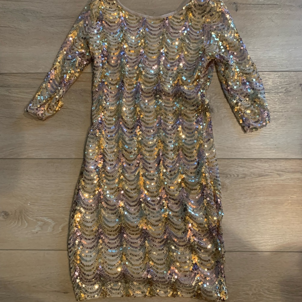 Gold sequin open back mini dress medium